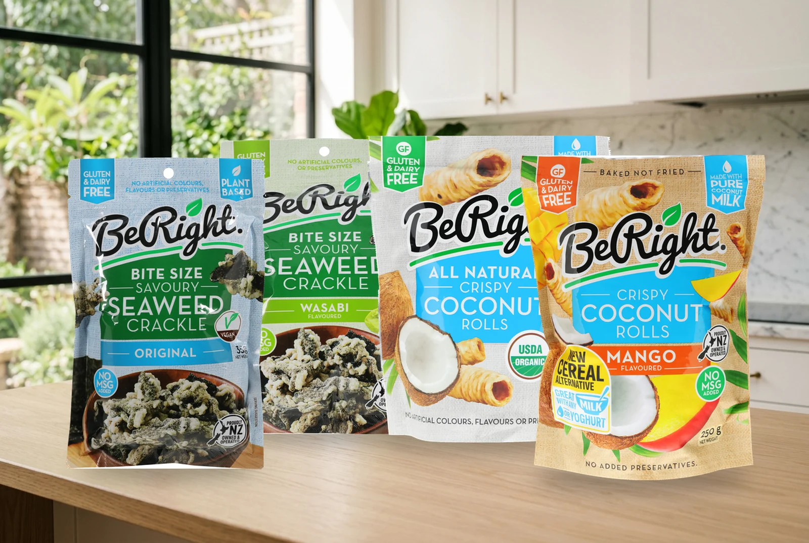 Be Right range — Seaweed Crackle Original & Wasabi, Coconut Rolls Original & Mango
