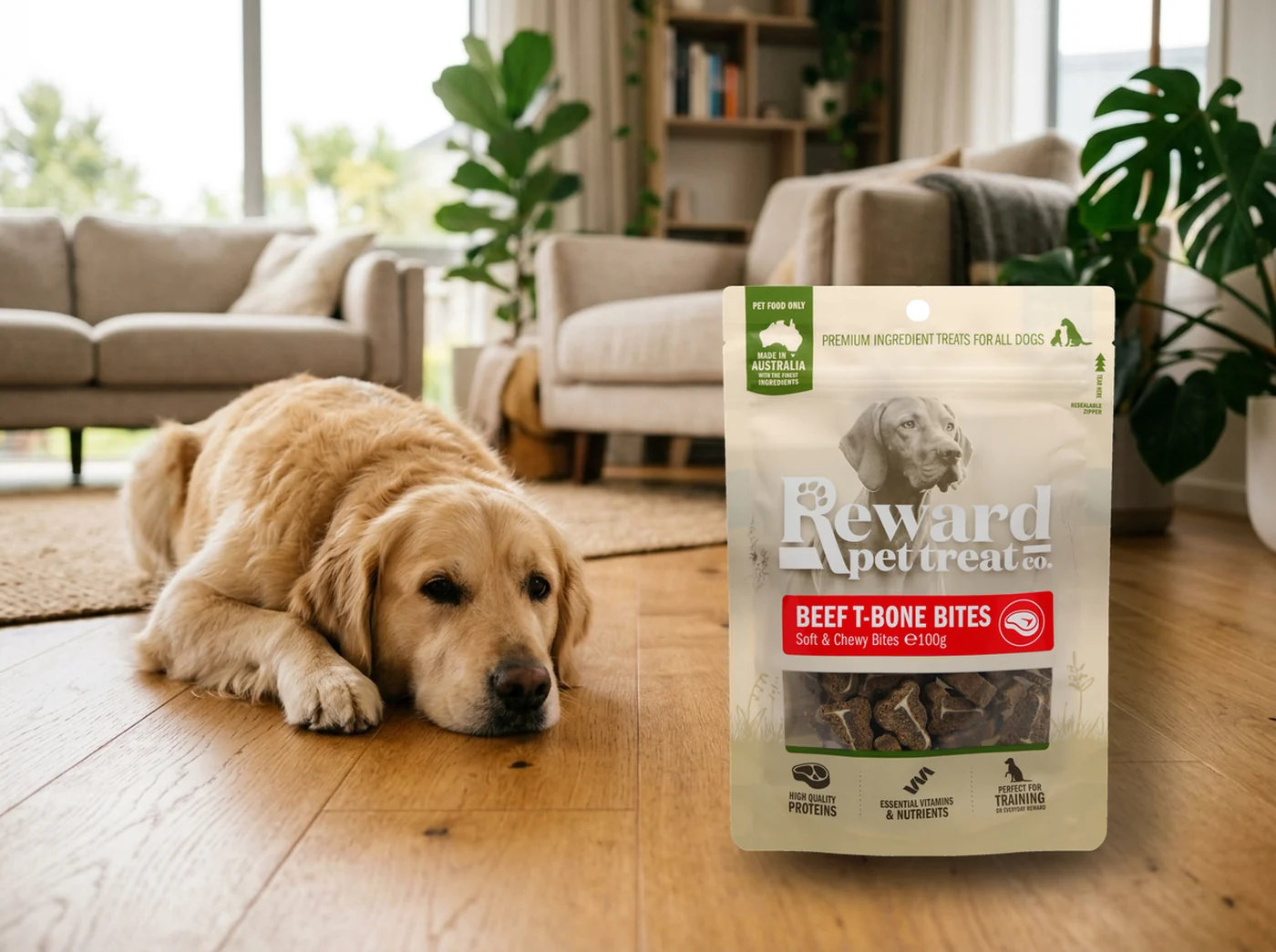 Reward Pets treats at home with a golden retriever